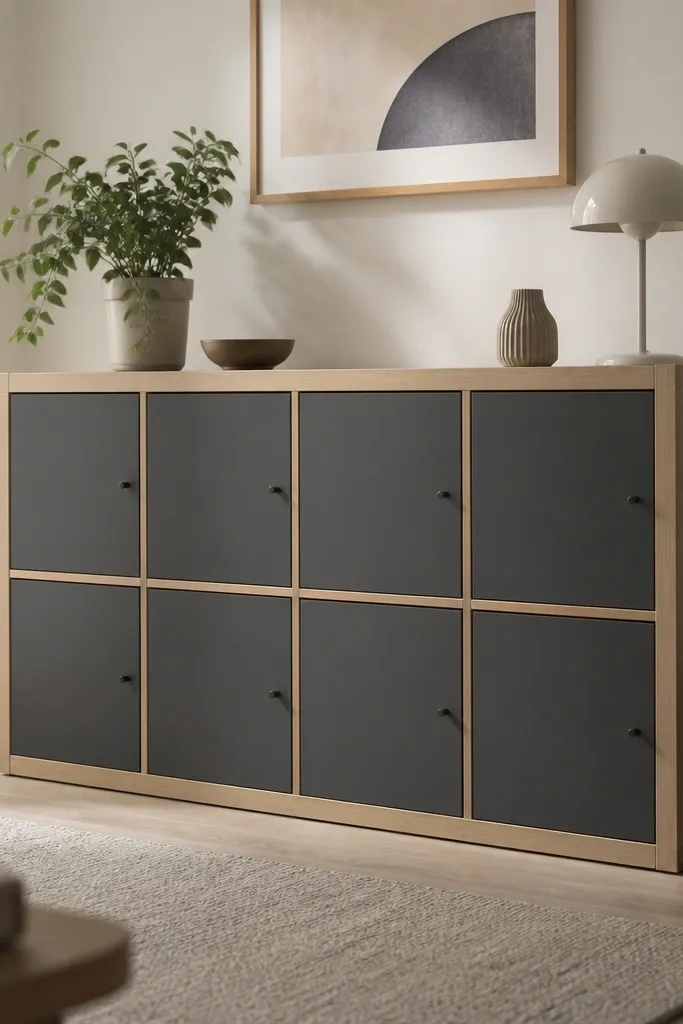 A Kallax with doors closed. Inside, a power strip and cord are neatly routed behind a flat backer board, keeping the door interior edge clean.