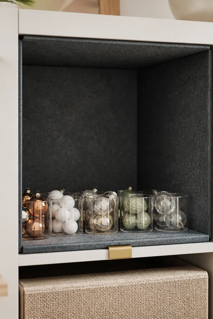 A Kallax showing a single cubby transformed into a neat ornament station: deep gray felt lining, small brass-colored pull tab at the front edge, and a row of small clear cups inside.
