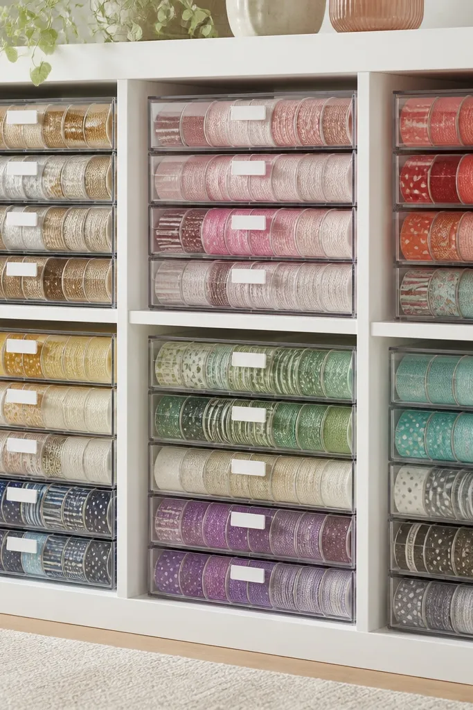 Inside Kallax cubbies are shallow rectangular drawers with clear plastic fronts, thin white labels, and ribbon spools stacked neatly behind.