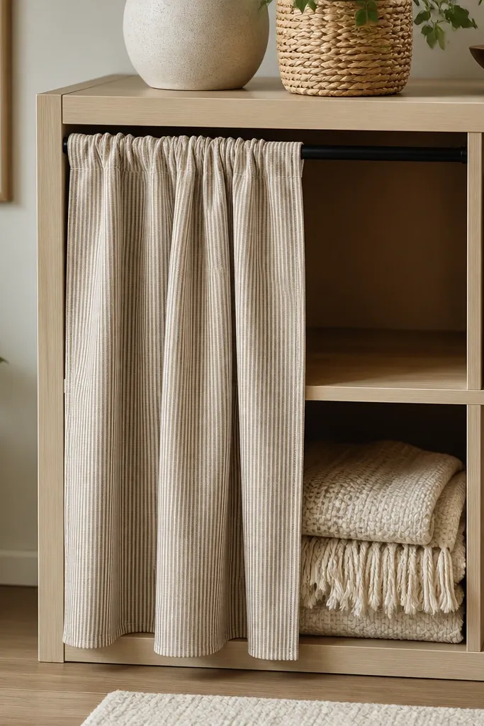 A Kallax cubby holds a neatly folded blanket, with a tension rod mounted across the cubby opening and a matching fabric curtain panel hanging in front.