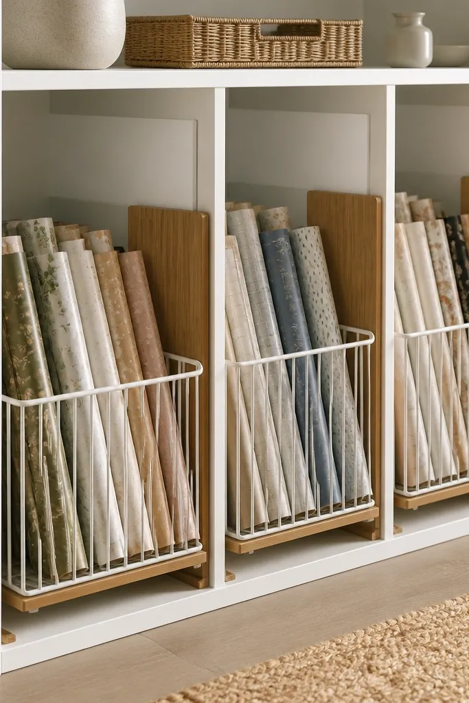 A Kallax row has long wire baskets on wood rails, holding rolled wrapping paper tubes, with bamboo-toned dividers.