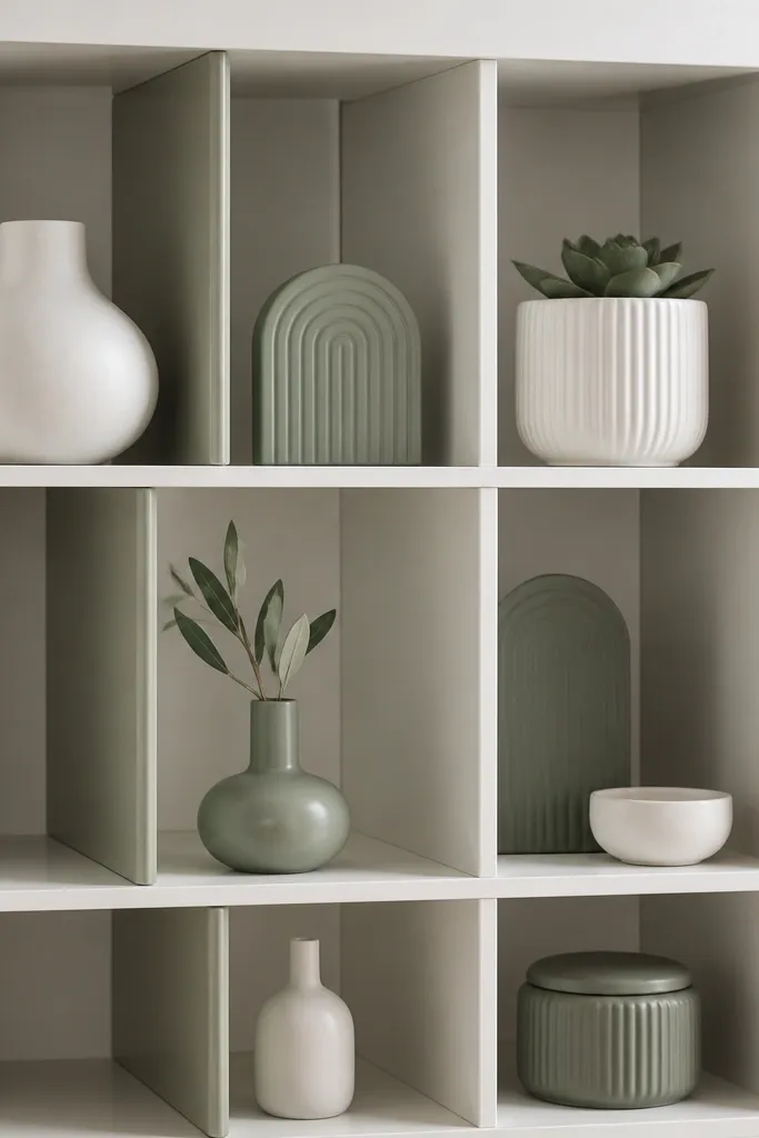 A Kallax cubby has three painted plywood dividers creating small compartments, with white and sage-green decor pieces each in their own section.
