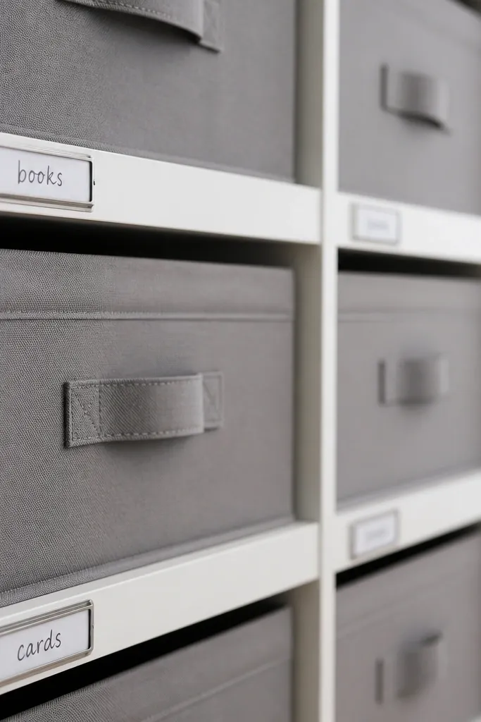Close-up on a Kallax front with small metal label strips along the inside edge, handwritten labels inside magnetic holders, and uniform bins behind.