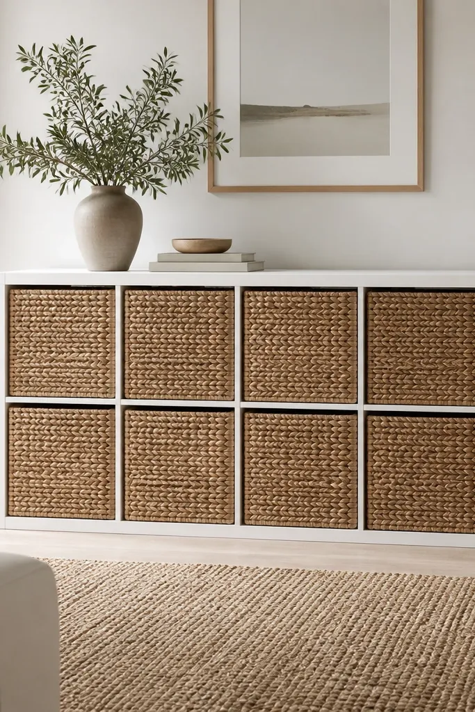 Kallax cubbies filled with matching woven baskets; each basket has a fabric handle loop stitched on the inside so you only see a clean front.