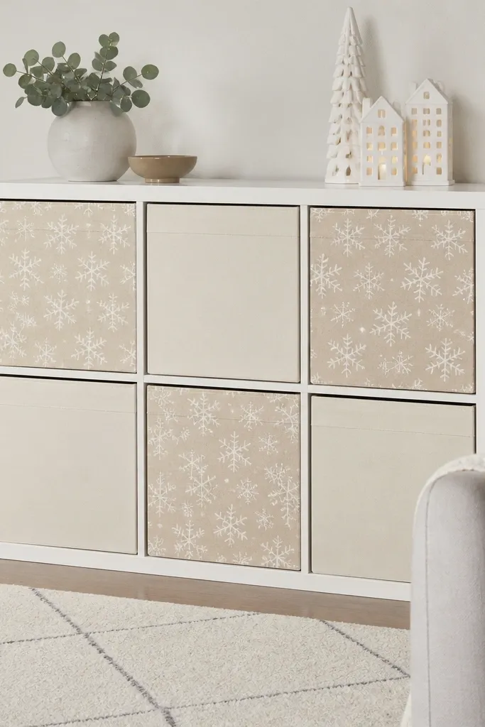 A Kallax unit with fabric covers in alternating patterns: one side has snowflake print, the other has solid cream; covers are secured with Velcro tabs.