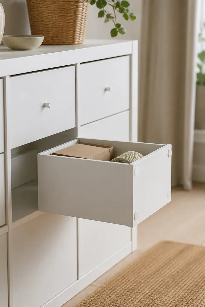 A Kallax with small drawer boxes pulling out smoothly; you can see foam bumpers on the inside edges near the front opening.