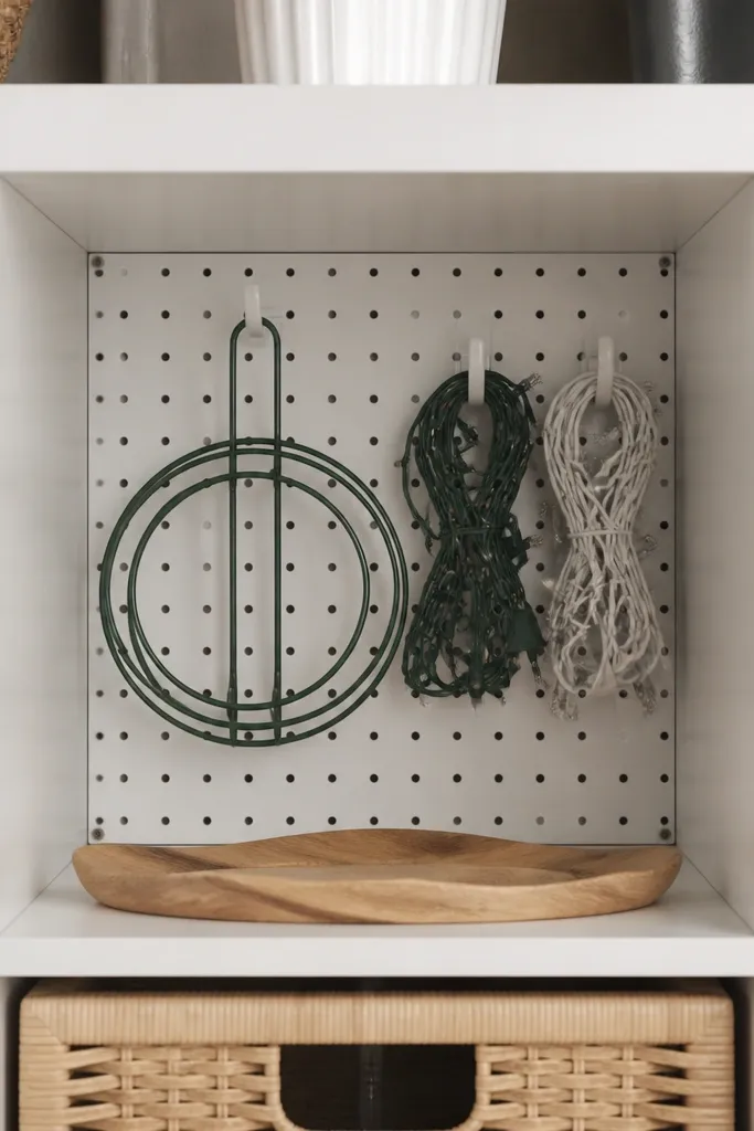 Inside Kallax cubbies, a small white pegboard panel is screwed into the back with hooks holding wreath hangers and coiled light cords.