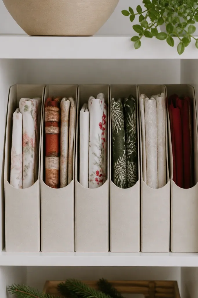 A Kallax cubby holds vertical file folders standing upright, each folder labeled with a holiday name, with table runners folded inside.