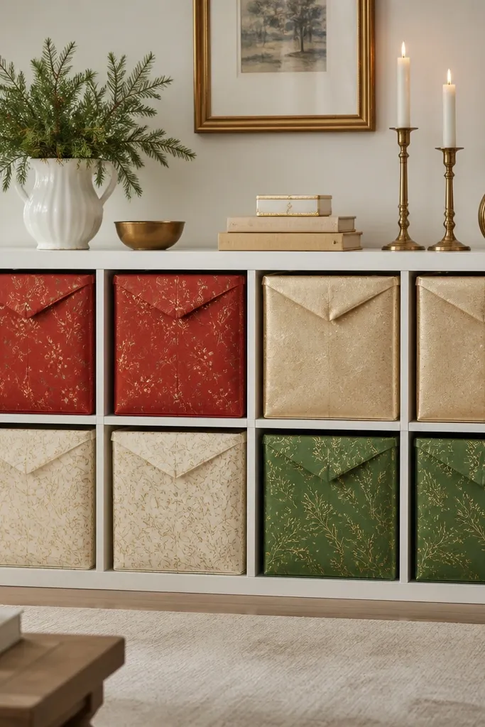 Kallax cubbies have bins wrapped in matching paper or patterned wrap, grouped by color: red and gold bins together, cream and green together.