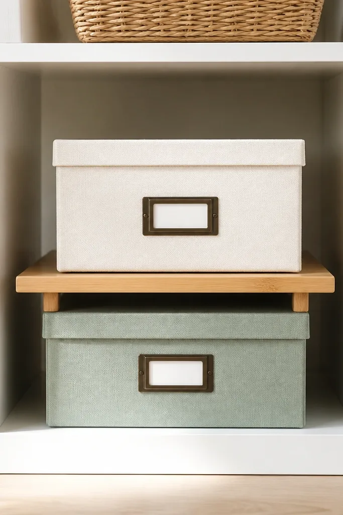 A Kallax cubby contains a small stack of organizers: one box on top of another, separated by a wooden platform; labels face outward.