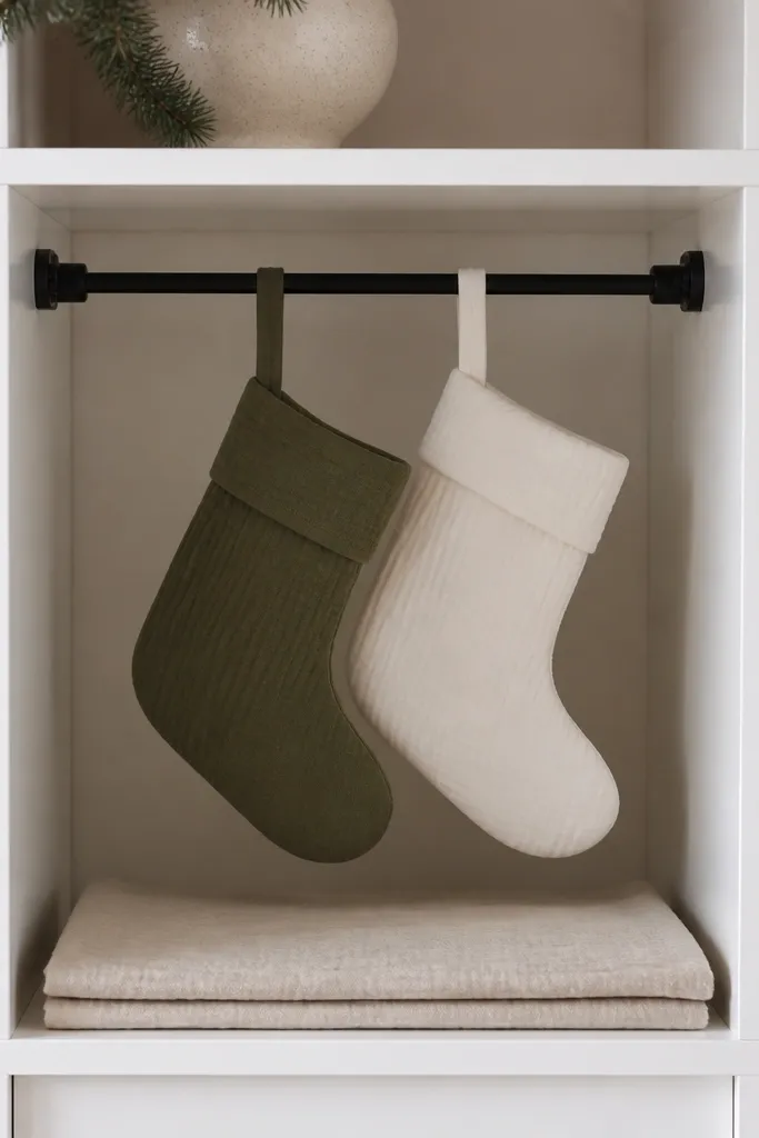 A Kallax cubby has a small curtain rod across the width, with two stockings hanging by their loops, and a folded fabric liner at the bottom.