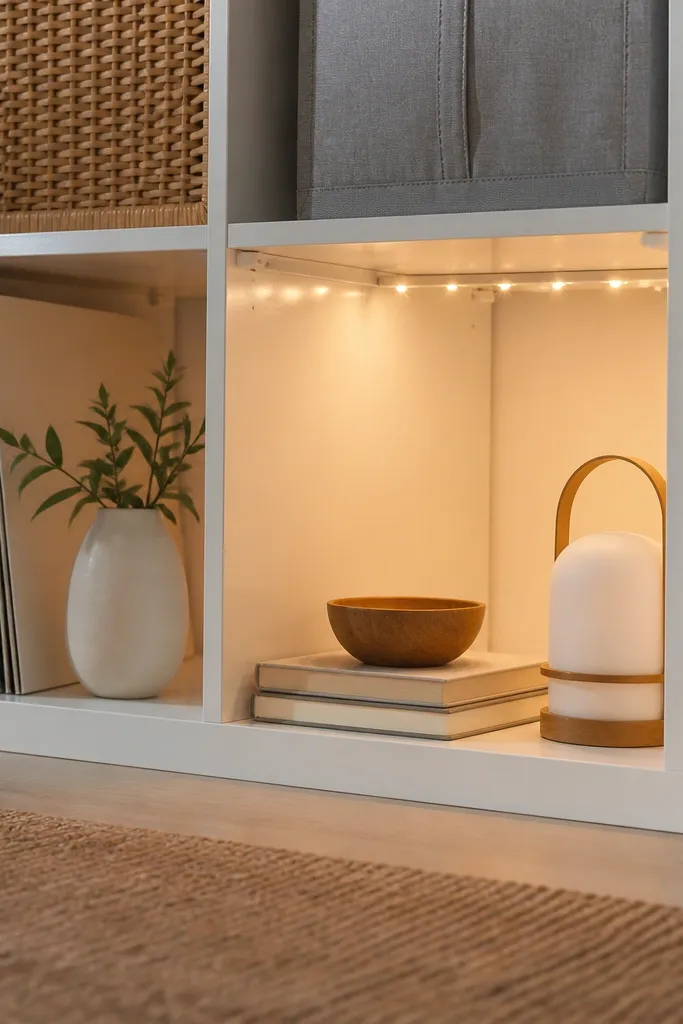 A Kallax bottom cubby has a shallow cable channel running along the underside, with string lights routed neatly and a label card at the front.