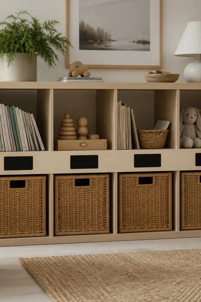 A Kallax has a birch plywood strip across the front with small chalkboard rectangles, each cubby labeled in white chalk.