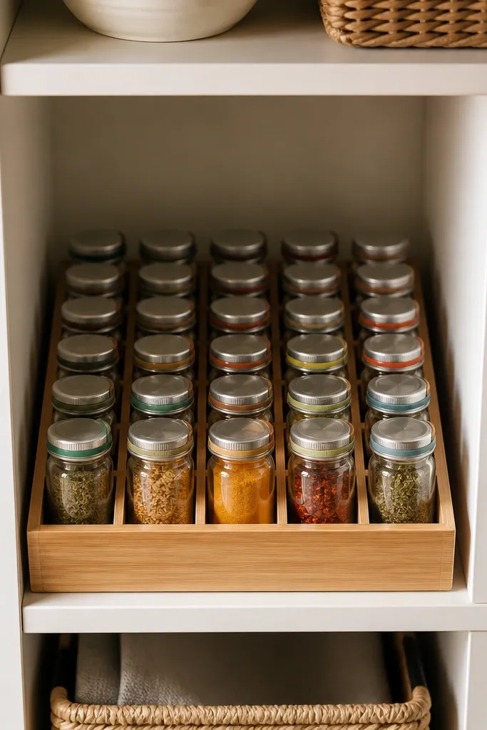 A Kallax cubby holds small spice jars in a grid tray, with metallic lids and color-coded tape rings on each jar.