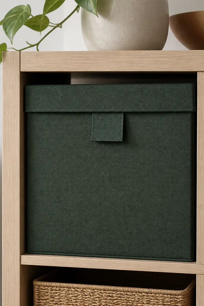 A Kallax cubby contains a lidded fabric bin in deep green, with a matching fabric tab stitched at the front; labels sit on the tab.