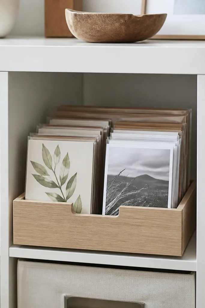 One Kallax cubby has a shallow wooden sliding tray with a pull handle, holding stacked greeting cards and photo inserts.