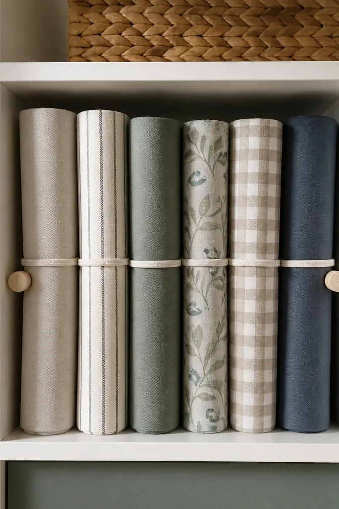 A Kallax cubby shows rolled tablecloths standing on end with two side pegs and elastic bands keeping each roll tight.