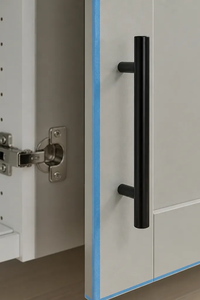 A close-up of an IKEA cabinet door with matte black bar pulls installed. The door edges show painter's tape lines from measuring, and the hinge cup looks clean and freshly adjusted.
