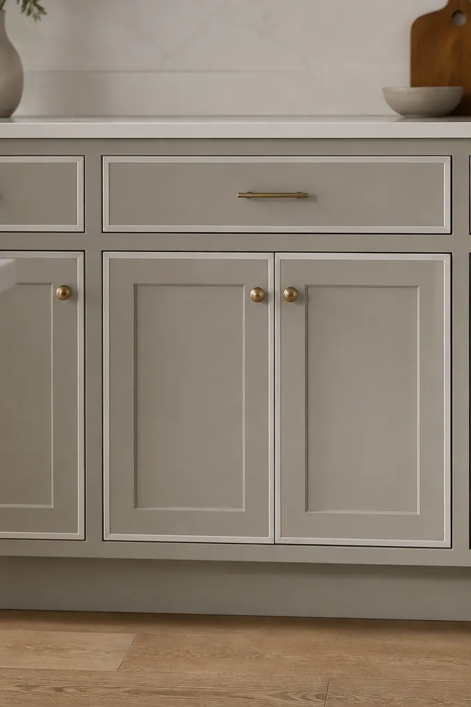 A kitchen cabinet face with thin white trim strips forming a rectangular frame around each door panel. The trim has a slight gap that creates a shadow line, and the tape lines show where the strips were placed.