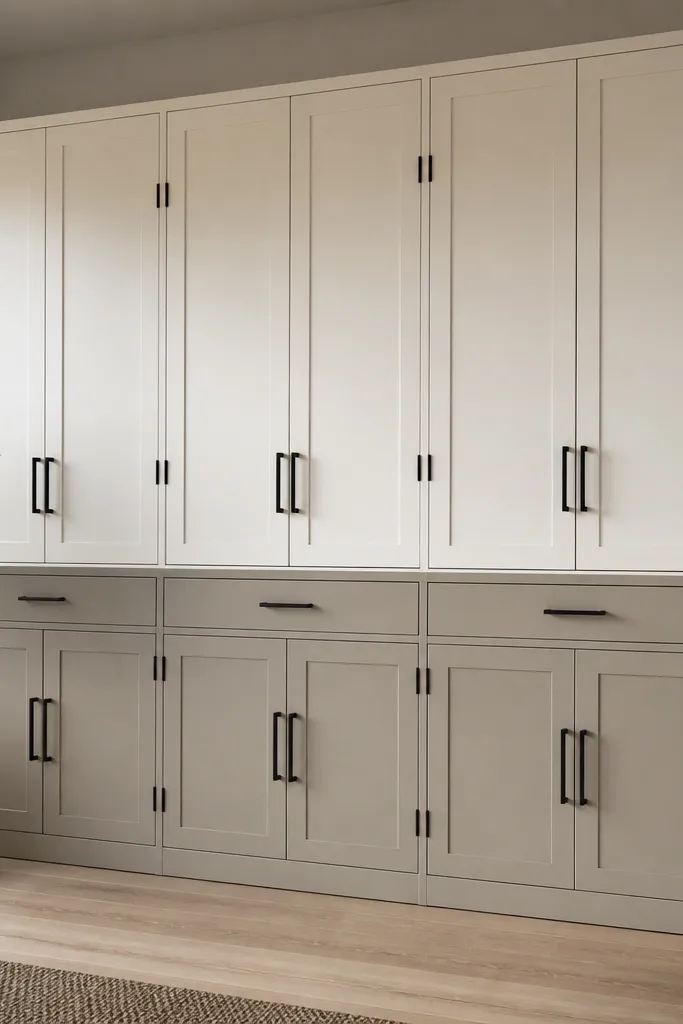 A row of IKEA cabinets with upper doors painted warm white and lower doors painted a greige tone. The paint looks even and matte, and the hinges and pulls contrast in matte black.