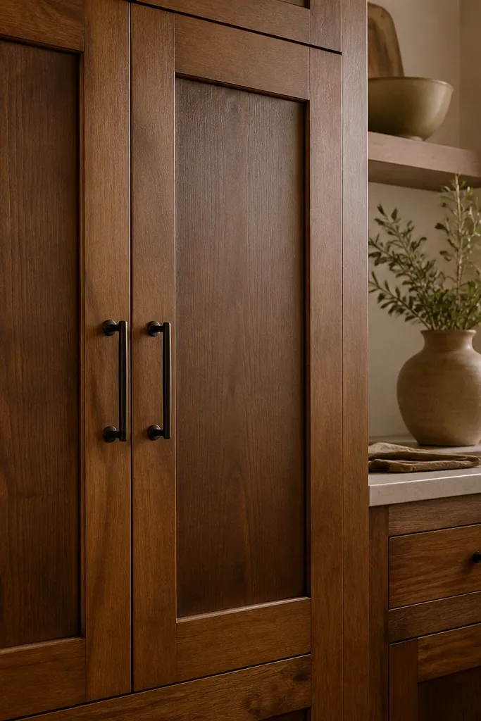 Wood-grain cabinet doors with a honey-brown stain. The panel area looks darker and deeper than the frame, and the finish has a soft matte sheen.