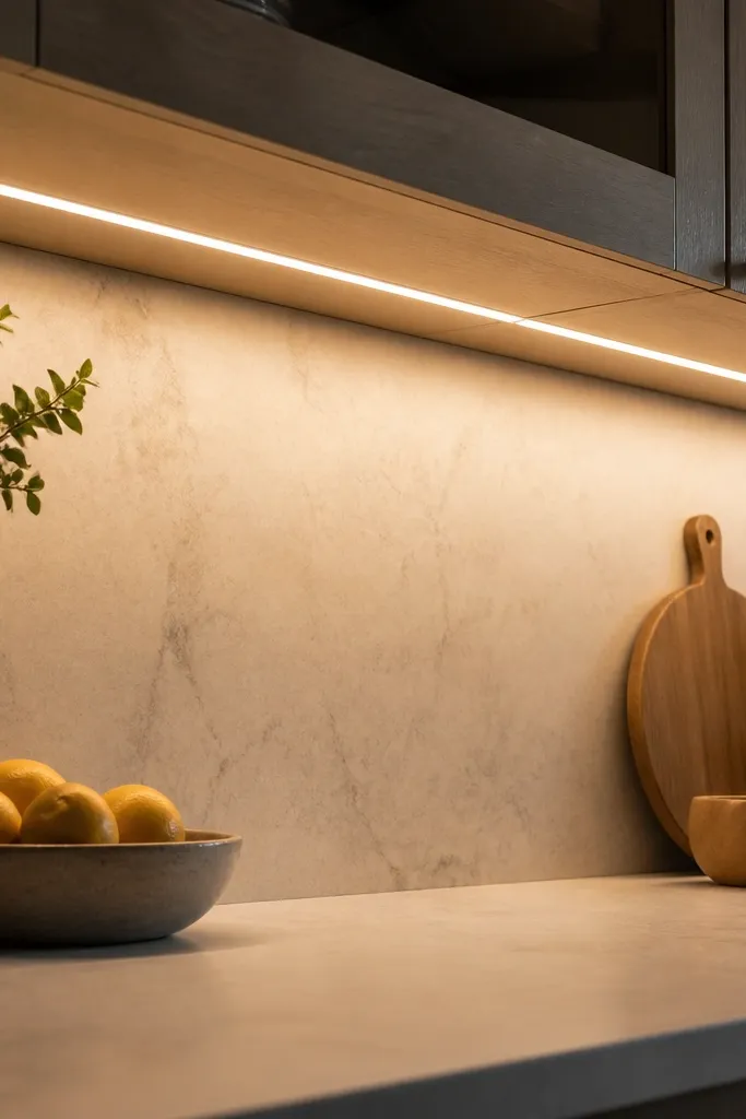 A kitchen cabinet underside with slim LED strips running left to right. The power cord disappears into the cabinet interior, and a warm white glow lights the countertop.