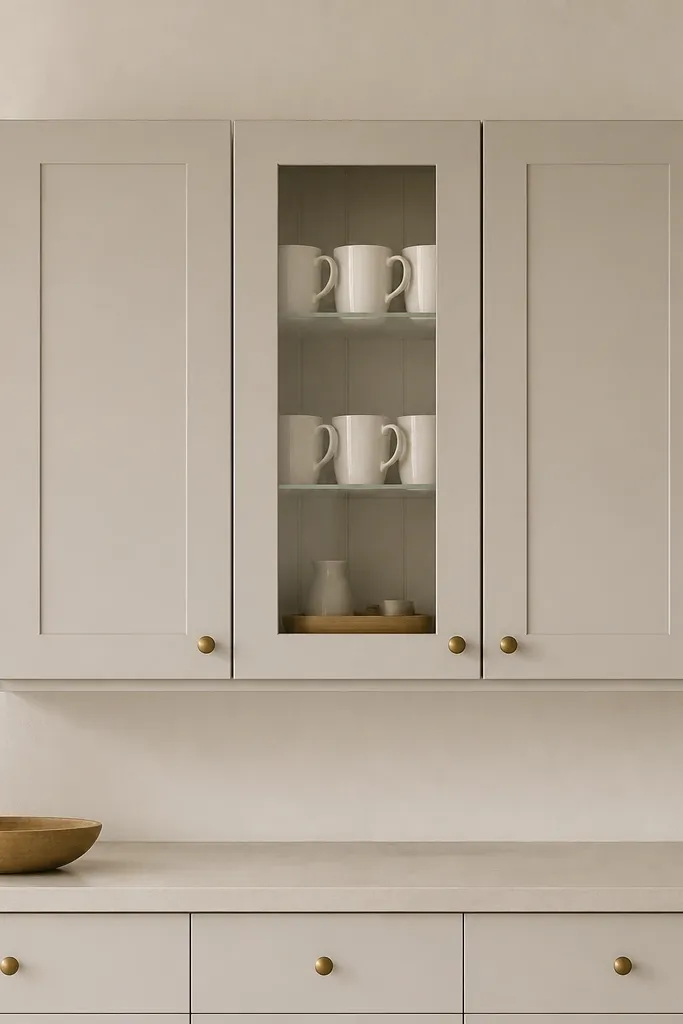One IKEA cabinet door replaced with a glass-front insert. Inside, neatly arranged white mugs and a small tray are visible, and the frame looks clean and centered.