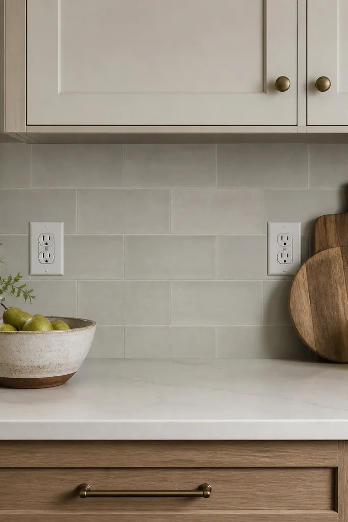 A kitchen backsplash area with a new matte tile-look panel. The edges around outlets are trimmed cleanly, and the panel lines line up with the cabinet bottom.