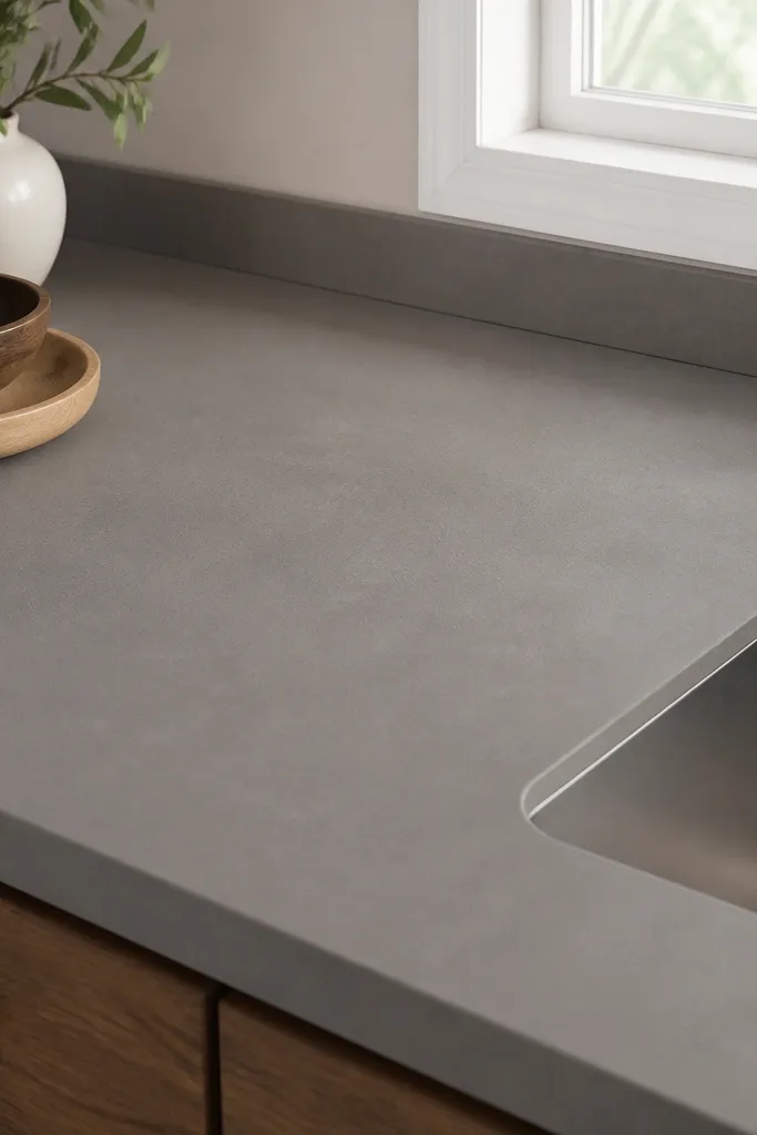 A countertop with a new overlay sheet installed, with seams near the back edge and a clean cut around the sink. The surface looks matte and uniform.