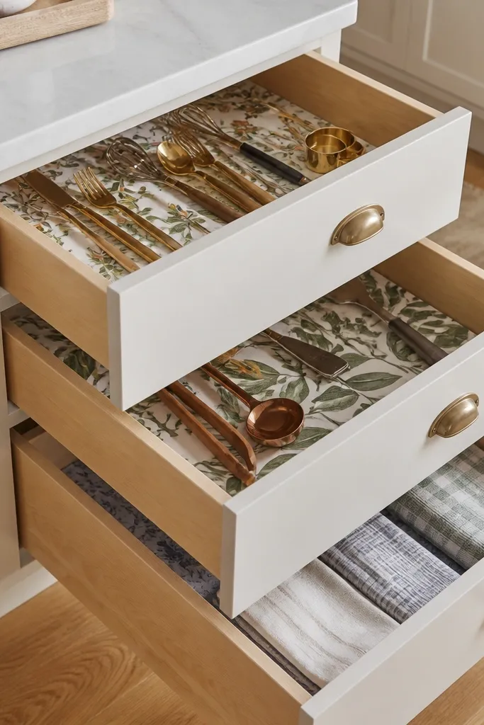 Kitchen drawers with fresh patterned liners and new handles. The liner edges are trimmed neatly and the drawer faces align evenly.