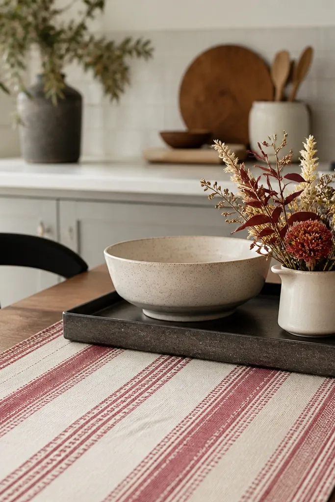 A kitchen table area with a cotton runner in muted red and cream. A heat-safe tray sits on the counter with a ceramic bowl and a small seasonal arrangement.