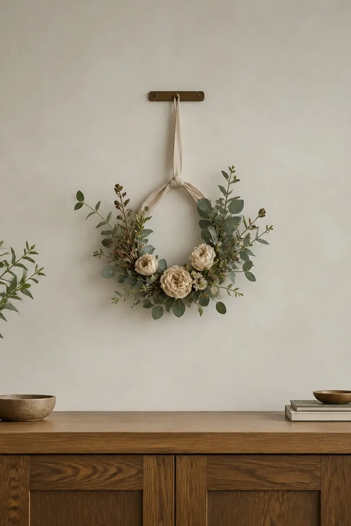 A cabinet top with a simple wreath-like arrangement hanging from a small magnetic bar. The arrangement is centered above a row of cabinets and looks level.
