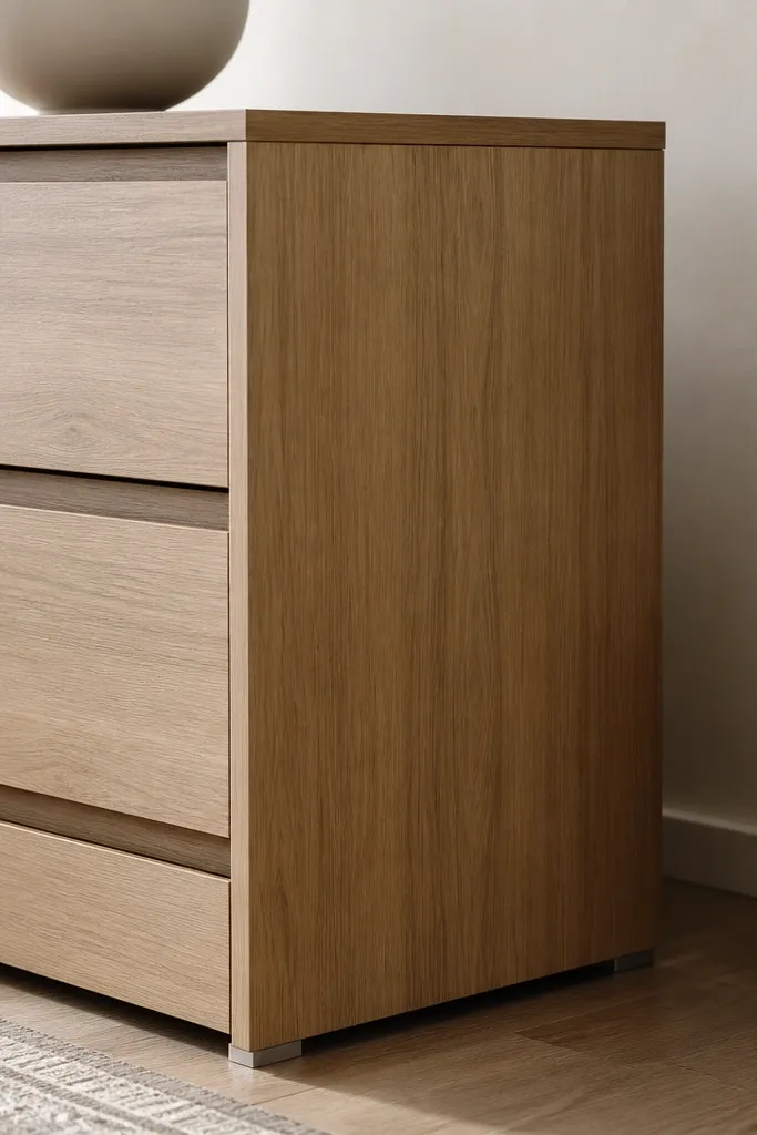 The side of an IKEA cabinet is covered in peel-and-stick wood veneer. The grain lines up with the cabinet front direction, and the edge trim is crisp.