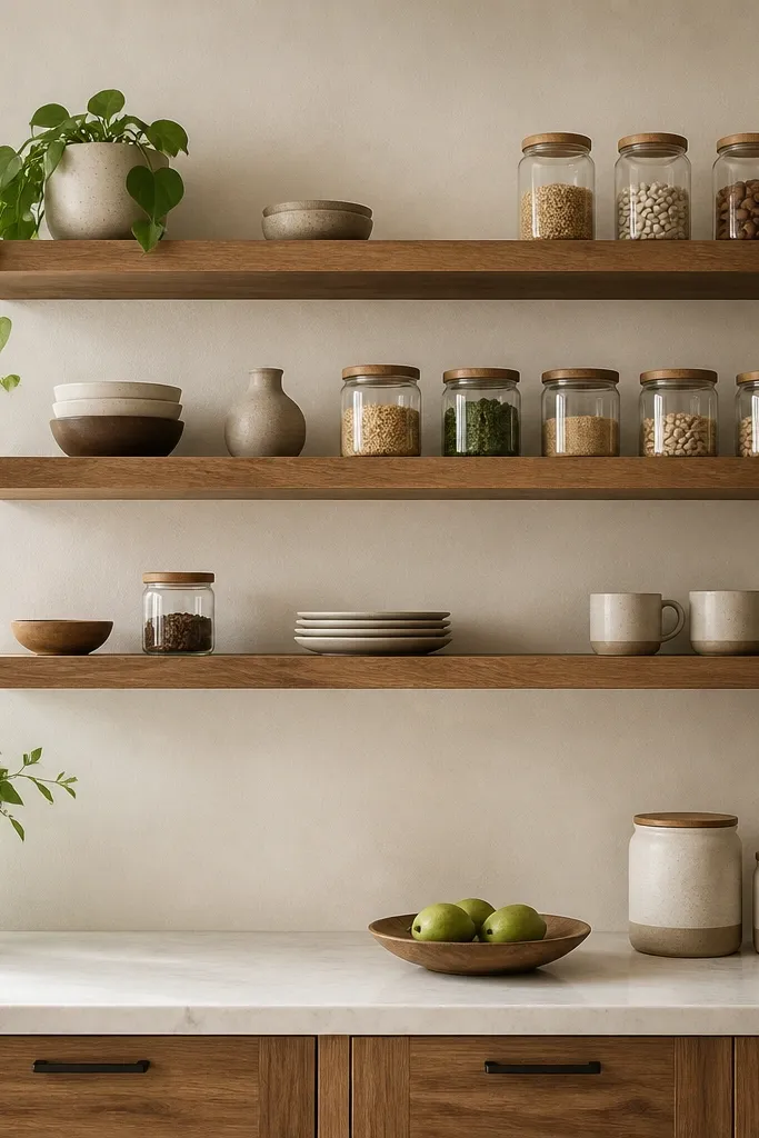 A row of floating shelves above a kitchen counter with neatly arranged jars, a plant, and two ceramic canisters. The brackets are hidden and the shelves look level.