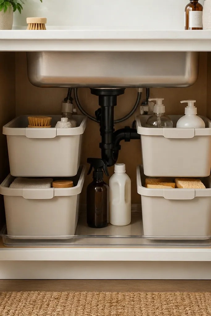 Under the sink cabinet with stackable bins, matching labels, and a clear drip tray at the bottom. The cabinet base looks clean and dry.
