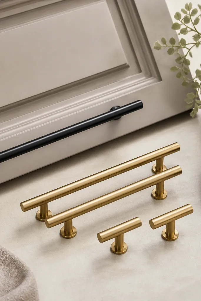 Two sets of cabinet pulls laid out on a table: one matte black and one brushed brass. The matte black pulls are installed on a cabinet door, with the brass set ready to swap.