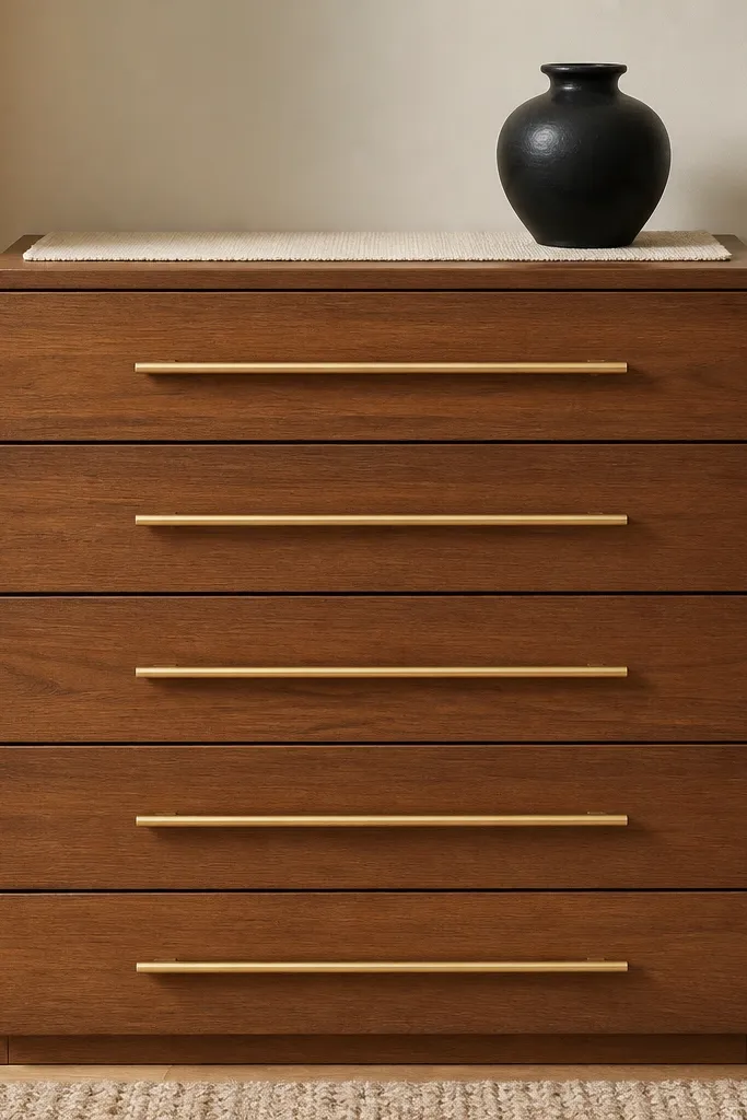 A Malm dresser front with five drawers showing long satin brass bar pulls aligned evenly. The wood tone is warm and the drawer seams look crisp. A cream runner sits on top with a single black ceramic vase.