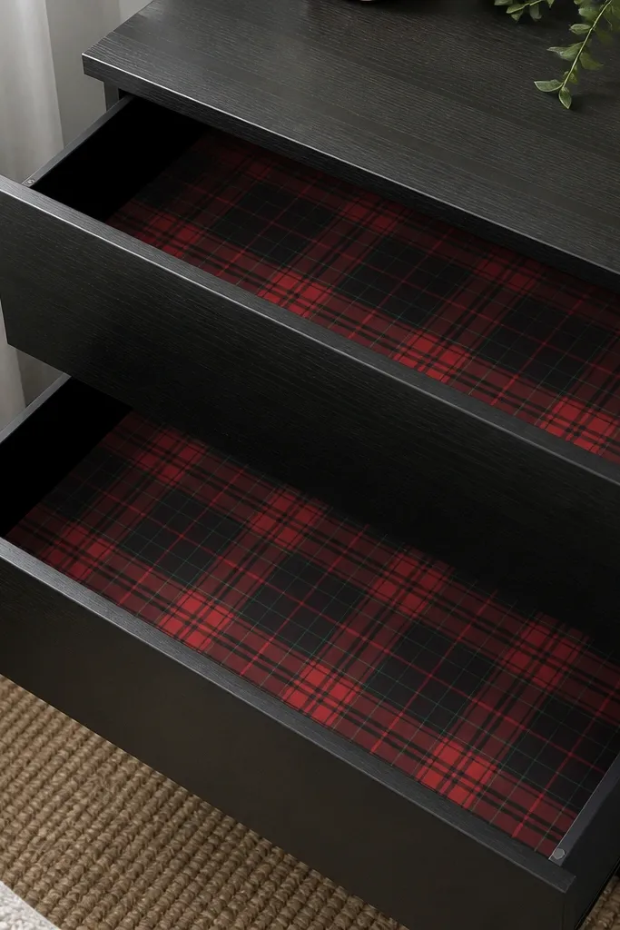 Open Malm drawers reveal tartan fabric liners with neat folded corners. Small magnetic dots hold the fabric in place so no edges lift. The fabric pattern is red and black with thin green lines.