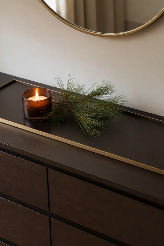 The top of a Malm dresser has a custom-sized faux leather runner tray in deep espresso brown. It's centered and framed with a simple brass tray edge. A lit candle and pine sprigs sit on top.