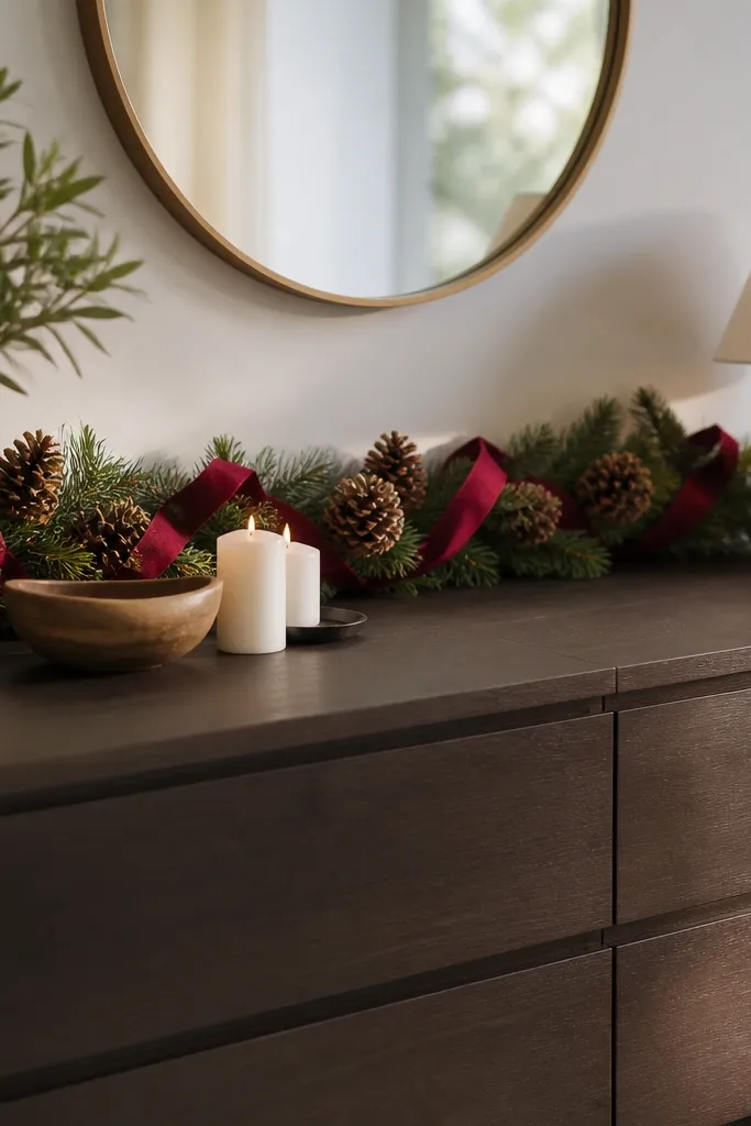 A Malm dresser top has a garland draped across the back edge, held with small clear hooks. The garland is green with matte pinecones and red ribbon, and it comes off without disturbing the decor.