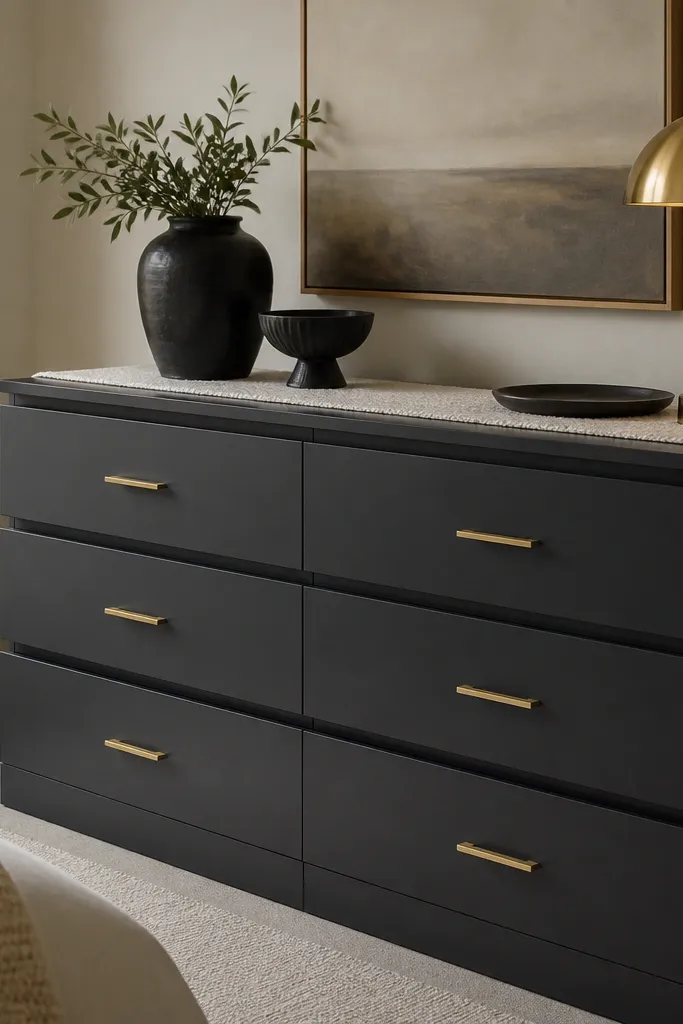 A Malm dresser has drawer fronts painted deep charcoal. Satin brass bar pulls match a brass lamp in the background. A cream textured runner and black ceramic decor sit on top.