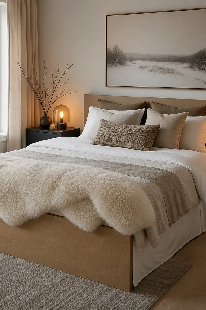 A Malm bed frame styled for winter: a cream faux sheepskin throw draped at the foot, matte black side tables, and warm amber lamps. The bed skirt is clean and straight.
