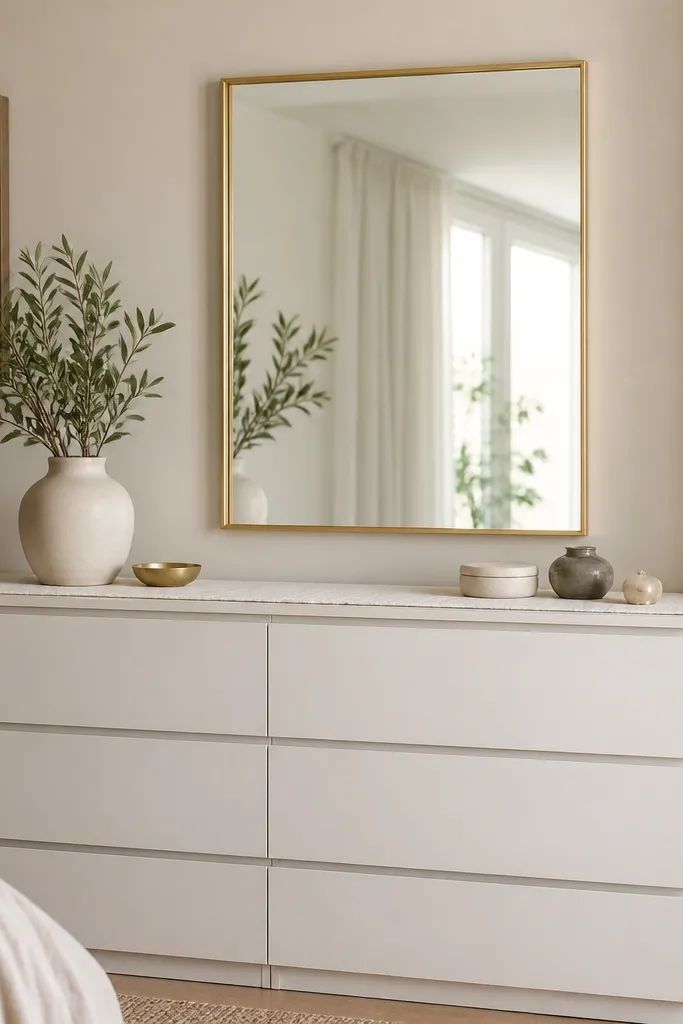 A mirror above a Malm dresser has a thin gold frame made from picture-frame trim. The mirror edges look crisp, and the dresser has a cream runner with small ornaments.
