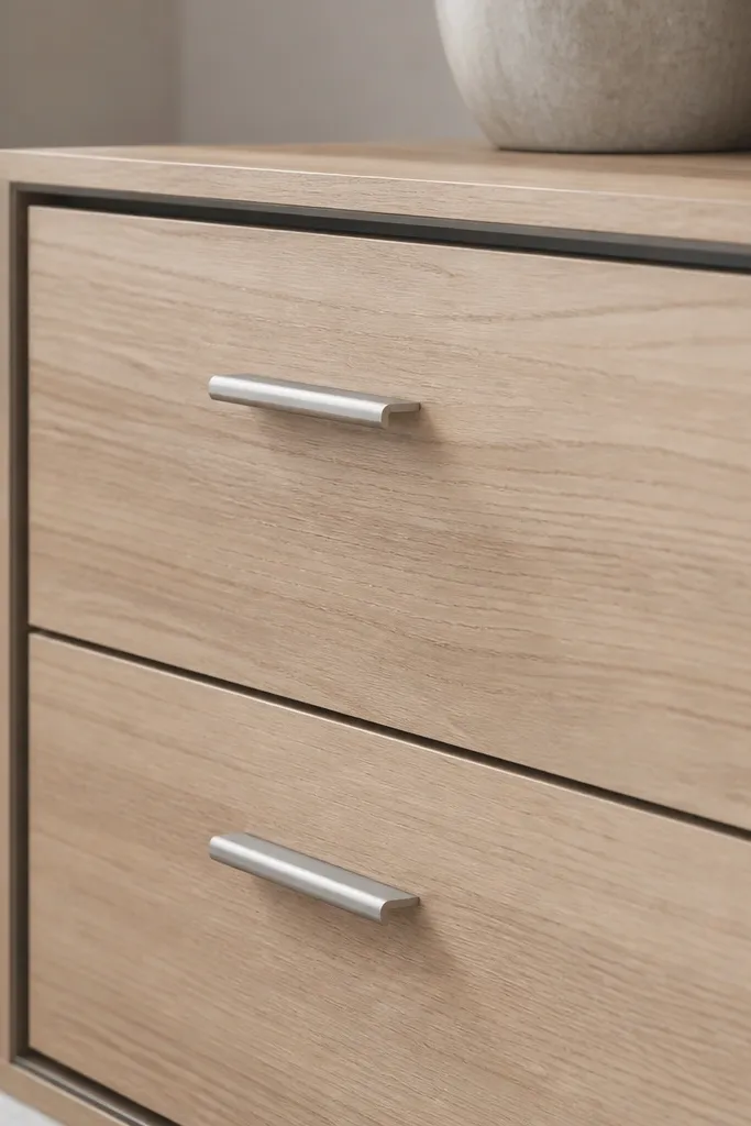 Close-up of Malm drawer fronts showing a thin smoke-gray edge around the frame, creating a shadow-gap effect. Hardware is satin nickel and the wood grain is still visible.