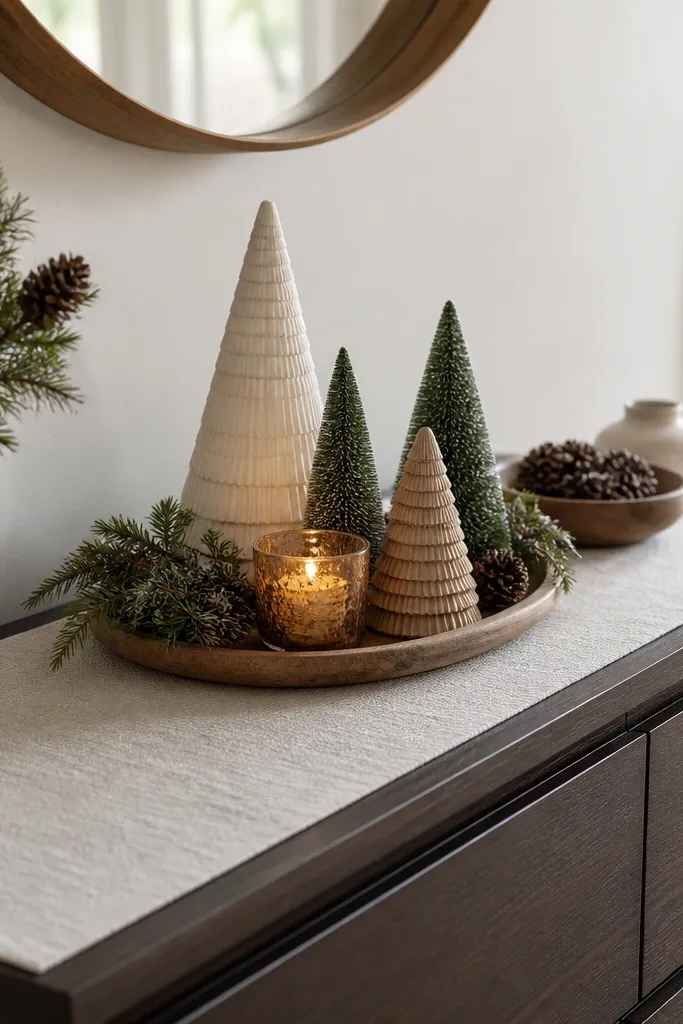A Malm dresser top with a cream linen runner that stays put. Under it is a thin gripper shelf liner visible at the edges. Holiday decor sits centered.