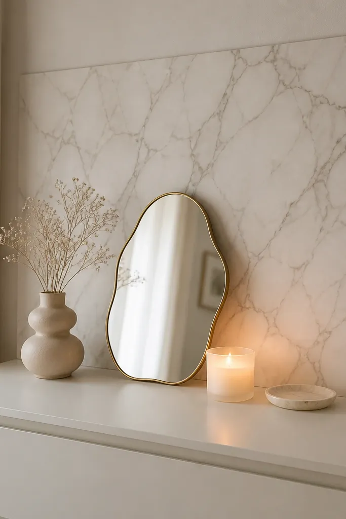 A Malm dresser top styled with a faux marble contact paper backdrop panel standing behind a small mirror and candle. The marble pattern looks veined and matte.