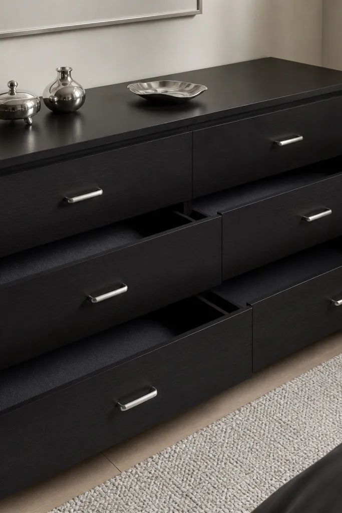 A Malm dresser with satin nickel pulls and black fabric drawer liners. The drawers open to reveal matte black texture, and the top has a few silver ornaments.