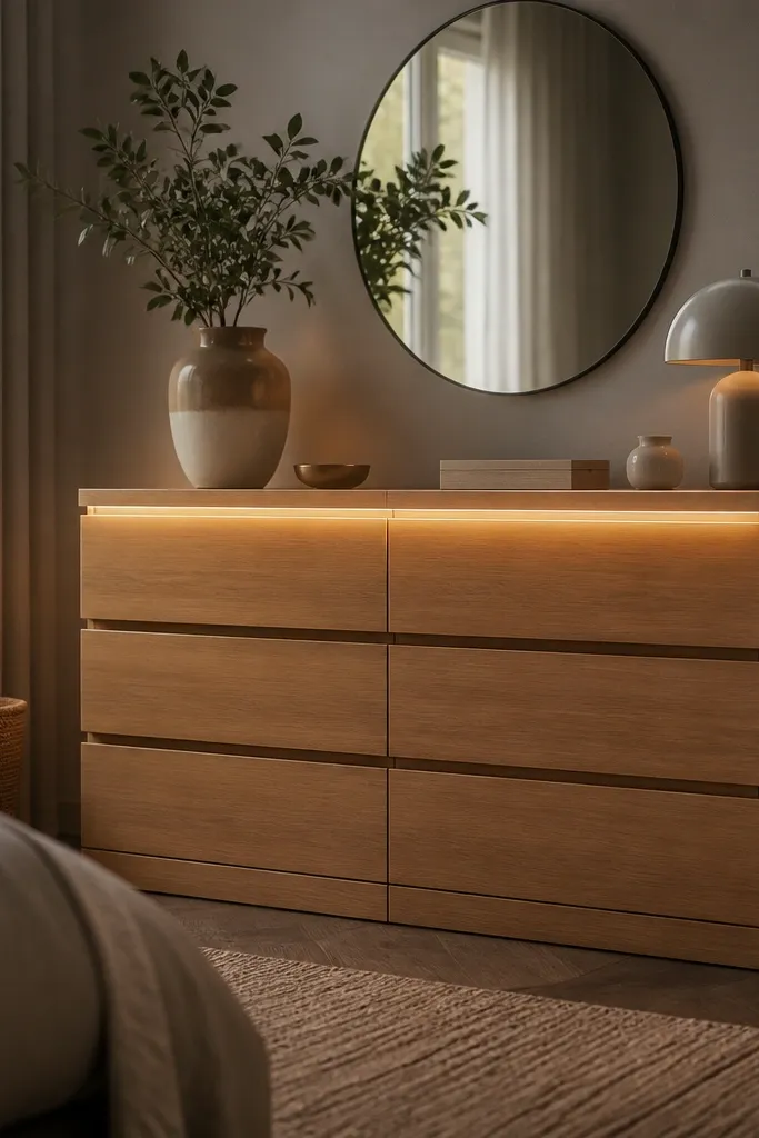 A Malm dresser has a soft warm LED glow under the top edge. The light wraps gently around decor objects and makes the wood and metal hardware look richer.