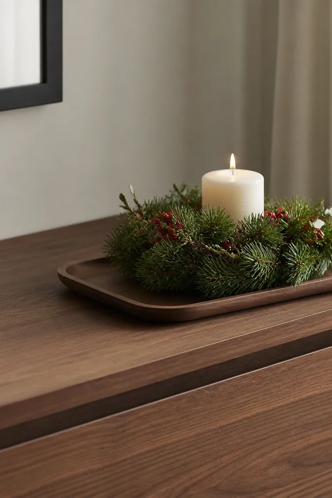 A small walnut veneer tray sits on top of a Malm dresser. A mini wreath in pine and berries rests on the tray with a single pillar candle.