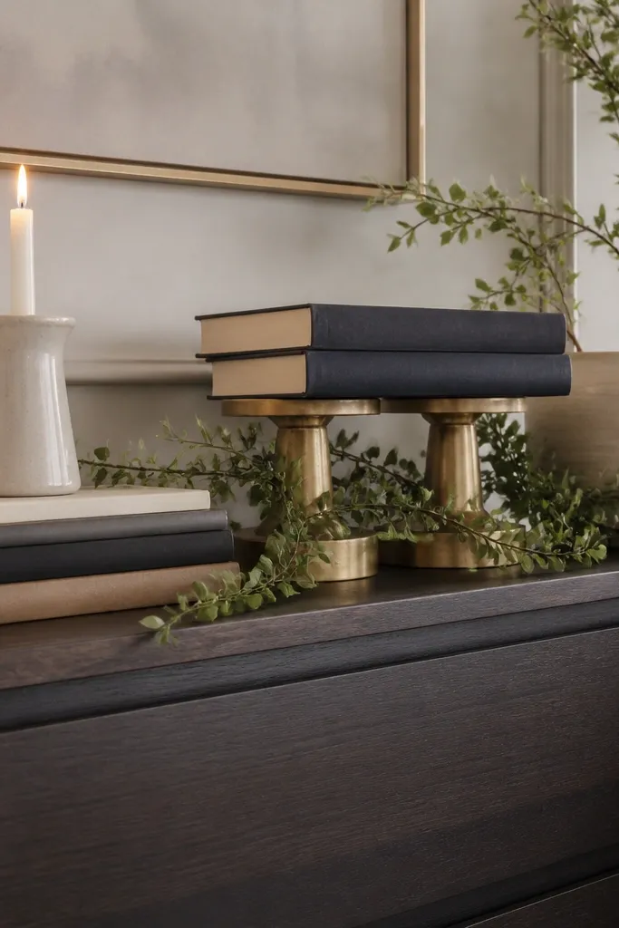 A Malm dresser top styled like a mini mantel: stacked hardcover books, brass risers, a garland strand, and a ceramic candle holder.